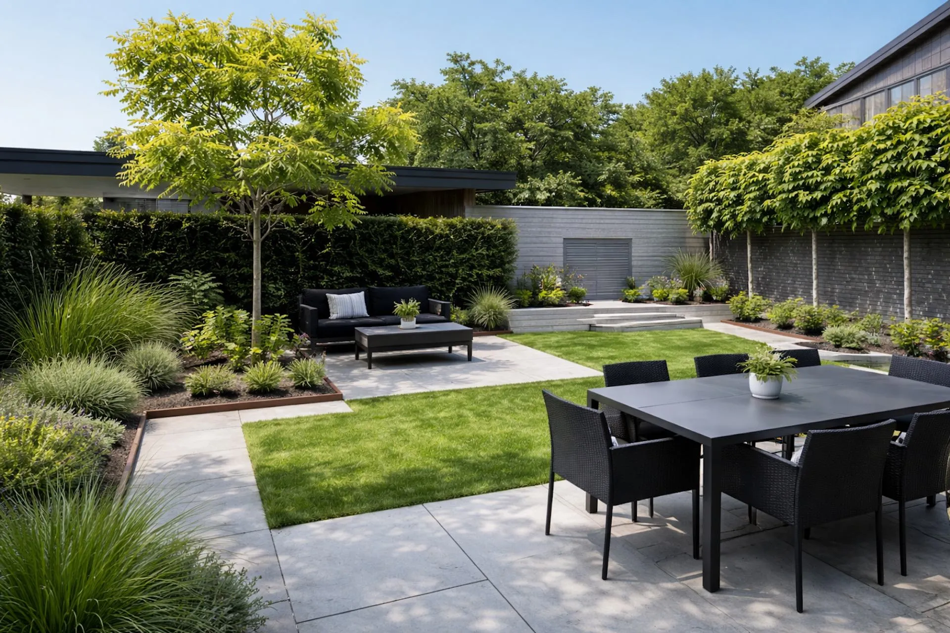 Jardin minimaliste contemporain avec terrasse en pierre, réalisé par Bontemps Paysagiste à Pérols